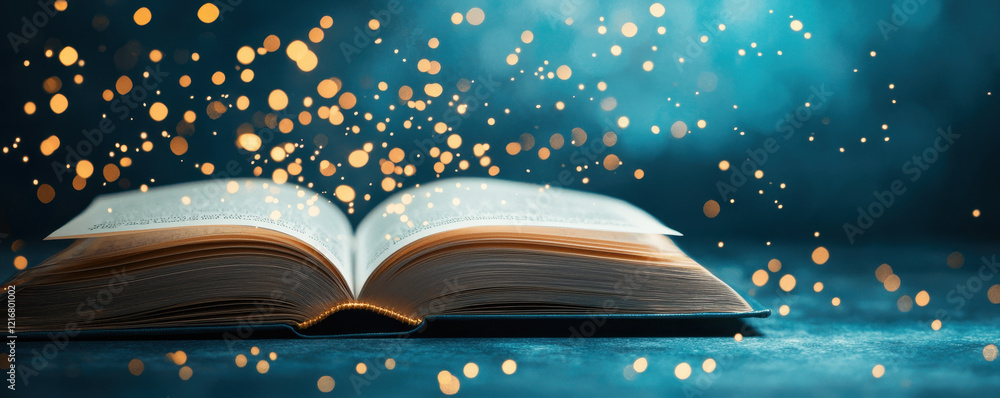 Aufkleber open book with glowing pages and magical sparkles in air, creating whimsical atmosphere