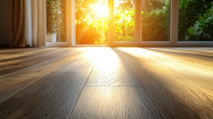 Sunset through window onto wooden floor, garden view, ideal for product placement