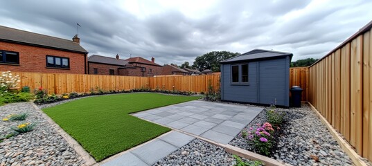 back garden, artificial grass, gray paving slab patio, timber fences, blue shed, flower bed, plants
