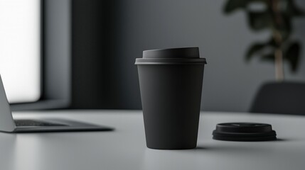 Black coffee cup with a lid on a white desk. the cup is cylindrical in shape and has a handle on top. it appears to be made of plastic and is empty.