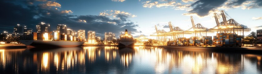 Obraz premium Sunset over cargo ships at a busy port. Global trade and logistics