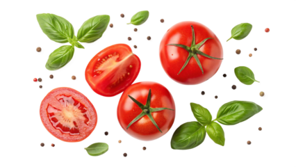 food, cooking, diet or garden design element made of ripe whole and sliced tomatoes, basil leaves and black and green pepper corns isolated over a transparent background, cut-out herbs and vegetables