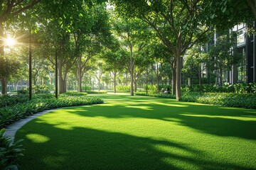 Obraz premium city park with a green artificial forest with fresh grass and shady trees, . A serene park scene featuring lush greenery, walking paths, and people enjoying leisure activities in a tranquil 