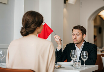 Obraz premium Young man in formal attire holding a red flag during a date at a restaurant, addressing relationship red flags with a serious expression, seated across from a woman