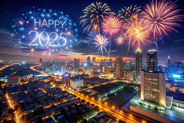 Aerial Drone Shot Happy New Year 2025 Celebration Fireworks Cityscape