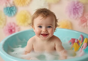 a happy, smiling baby in a blue bathtub with soap suds and colorful toys, isolated on a white background