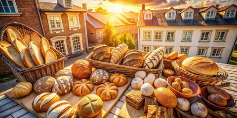 Fototapeta premium Aerial Drone Shot of a Charming Country Bakery with Fresh Breads and Golden Sunlight
