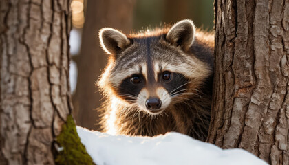 Raccoon looking out from a tree in a forest