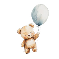 A cute teddy bear holding a balloon, perfect for children's themes and celebrations., isolated on a transparent background.