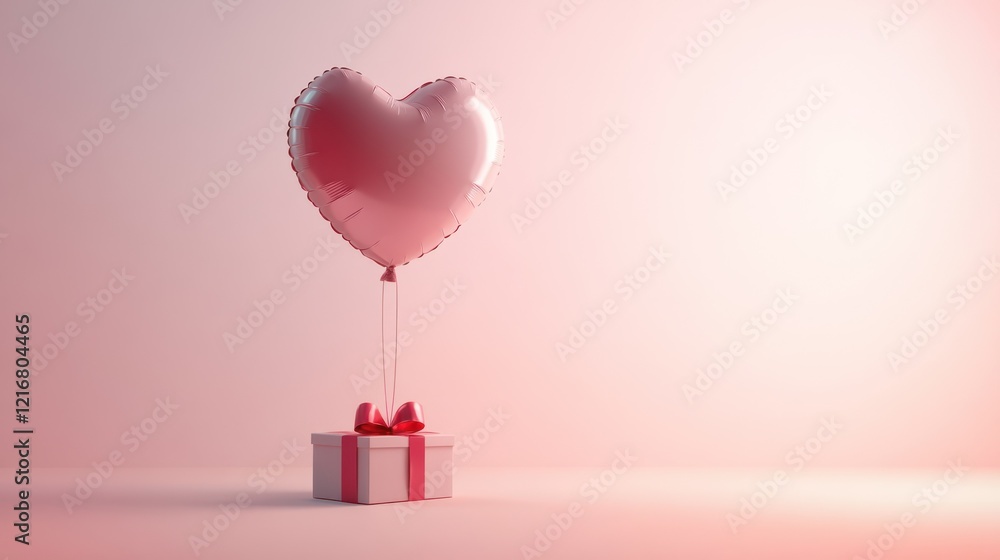 Wall mural Pink heart balloon above gift box.