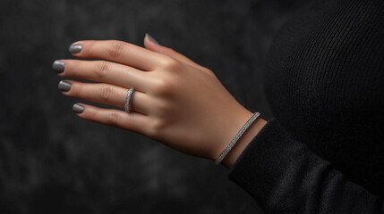 hands of a person , woman hand with bracelet and ring , on black background