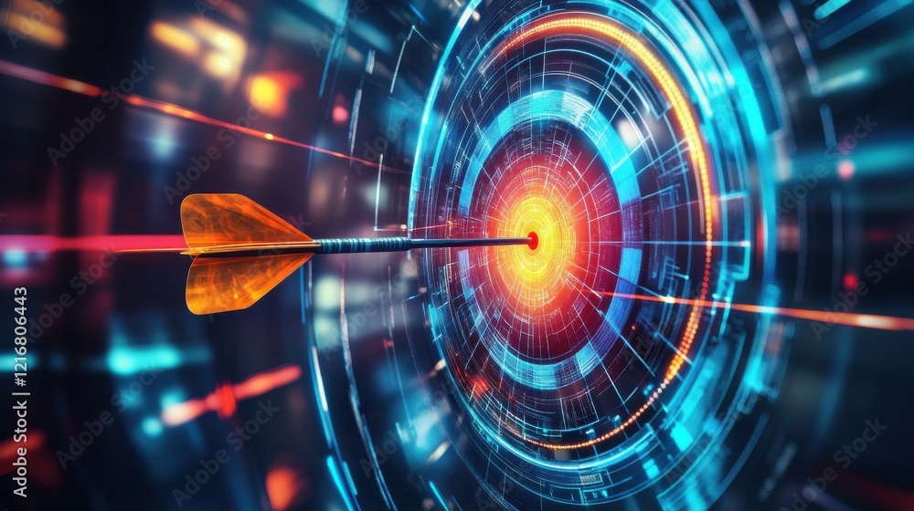 Poster Cyber target aim centered with arrow in dynamic digital environment