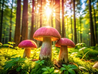Aerial Drone View of Vibrant Blossom Pink Three Boletus Mushrooms in Forest