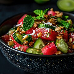 Popular Thai food, tasty and not spicy Fresh and vibrant watermelon cucumber salad.