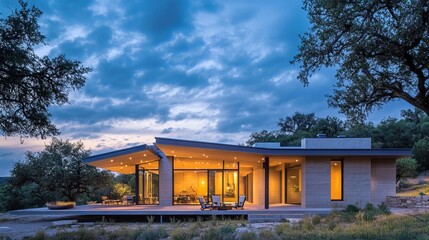 Obraz premium Modern house exterior evening view with interesting outdoor lighting. The sky is blue with clouds and the trees are green, creating a beautiful contrast with the house