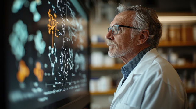 Elderly caucasian scientist analyzing chemical formulas on digital screen in research laboratory - Powered by Adobe