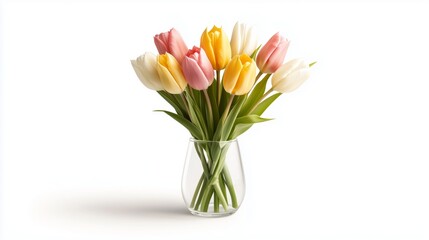Vibrant bouquet of pink, yellow, and white tulips arranged in a clear glass vase
