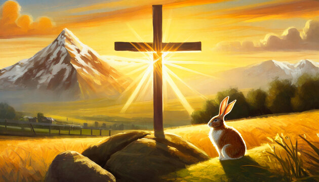easter bunny next to cross at sunset