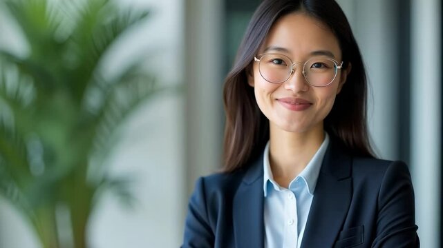 Confident Businesswoman in Professional Setting Smiles While Standing with Arms Crossed Amidst Indoor Greenery