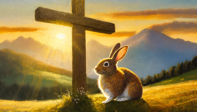 easter bunny in the field next to holy cross