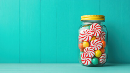 Sweet and candy, A vibrant image of a classic candy jar filled with colorful peppermint swirls, showcasing high fidelity detail and rich colors.
