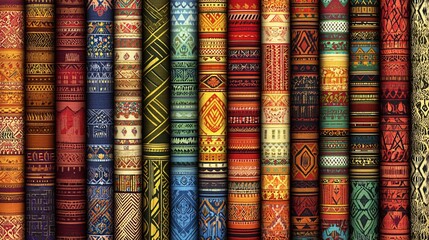 Vibrant Ethnic Textile Patterns Colorful Rolled Fabrics Background