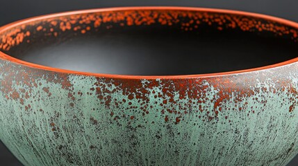 Teal ceramic bowl rim detail, orange speckles, dark background, kitchen or decor