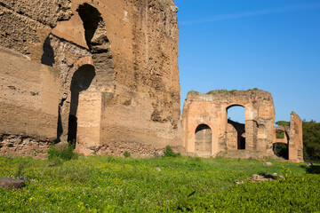 Roman ruins at the Baths of Caracalla located in Rome, Italy. Today this Roman public baths, or...