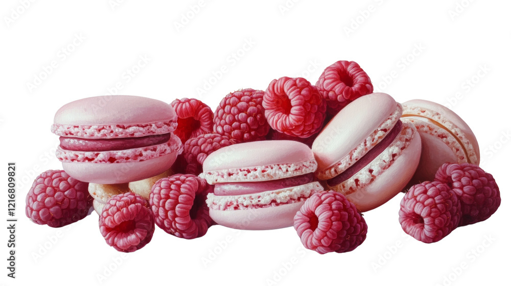 Poster A close-up image showcases a delectable arrangement of pink macarons and fresh raspberries, creating a visually appealing and tempting dessert.