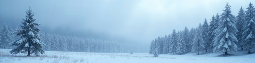Naklejka premium Dense snowforest with misty foggy grey atmosphere, landscape, forest