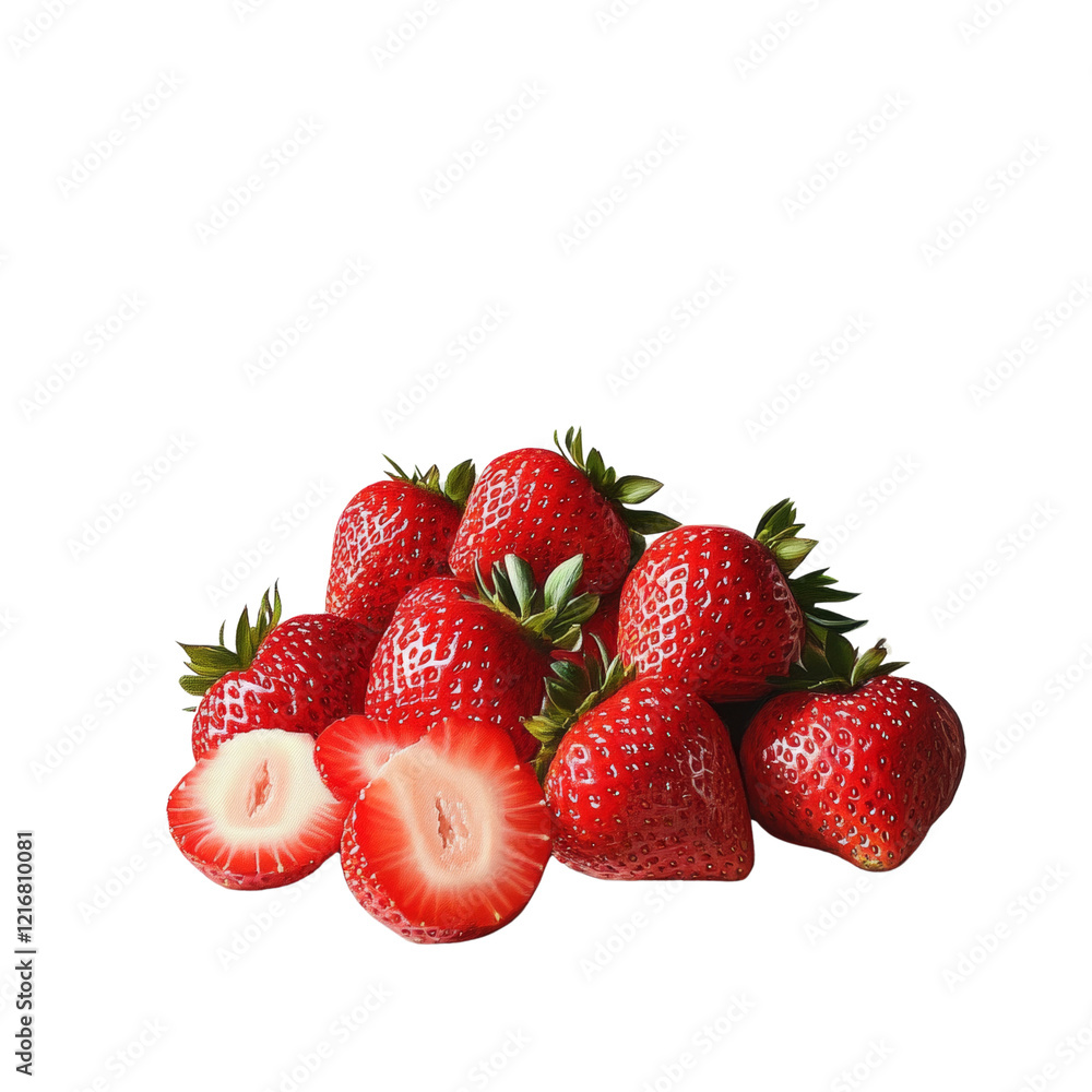 Poster a group of whole and sliced strawberries arranged on a black background showcasing their vibrant red