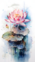 Digital vintage watercolor lotus floral bouquet abstract graphic poster background