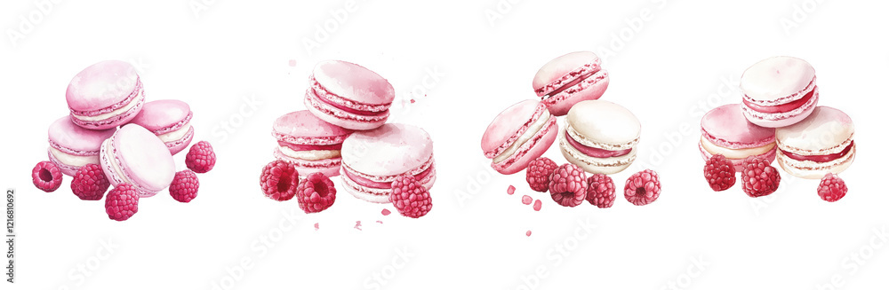 Poster a watercolor illustration showcases pink and white macarons with fresh raspberries, creating a visua