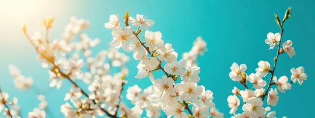 Delicate cherry blossom branches against a bright blue sky, symbolizing spring and renewal.