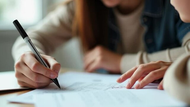 Close-Up of Young Individuals Engaged in Collaborative Note-Taking on Detailed Documents, Enhancing Study Sessions and Creative Processes