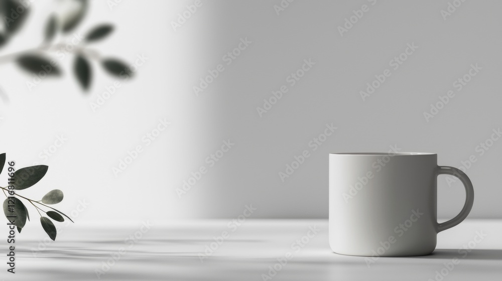Poster minimalistic illustration of a white coffee mug on a white surface. the mug is empty and is placed o