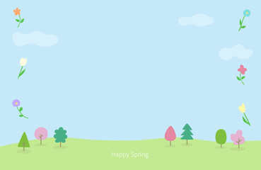木々と春の花たちのハッピースプリングメッセージカードイラスト