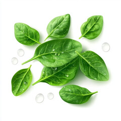 Obraz premium A top-down view of fresh spinach leaves covered in glistening water droplets on a white background. The bright green color and smooth texture highlight the freshness and organic quality of the leaves.