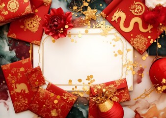 A festive Chinese New Year background featuring angpao (red envelopes) and gold coins arranged elegantly. The design incorporates a color palette of red, gold, and white.