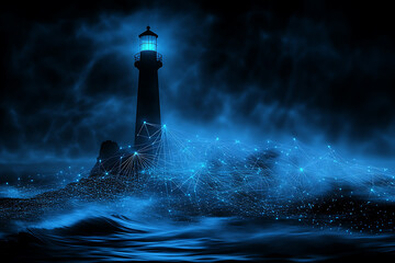 An abstract digital background combining a photorealistic lighthouse towering amidst a wild sea, accented by glowing blue and black connecting data points