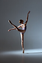 Fototapeta premium Professional ballerina in lavender leotard performing an elegant arabesque on pointe in studio lighting.