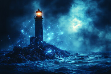 An abstract digital background combining a photorealistic lighthouse towering amidst a wild sea, accented by glowing blue and black connecting data points