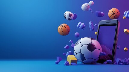 Mobile betting banner with soccer and basketball elements in 3D design