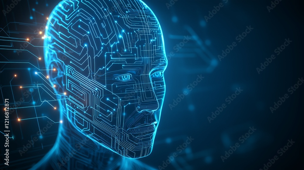 Aufkleber digital human head rendering illuminated with neon circuitry details in a futuristic design