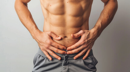 Obraz premium Man with a muscular body is holding his stomach