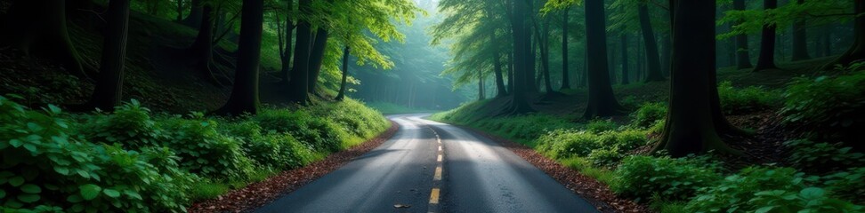 Fototapeta premium Dark granite road winding through dense forest, forest, granite road