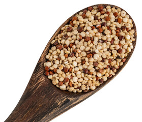 Close-up of a rustic wooden spoon filled with mixed quinoa grains. Isolated on a white background.