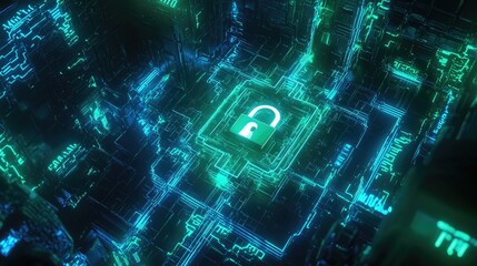 Fototapeta premium Cybersecurity: Glowing Circuit Board with Centralized Lock