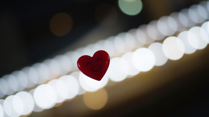 Red Smiling Heart Sticker with Bokeh Lights in the Background