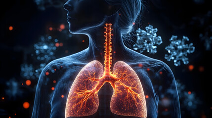 Woman mesothelioma glowing depiction of lungs showing cancerous growth in the pleura